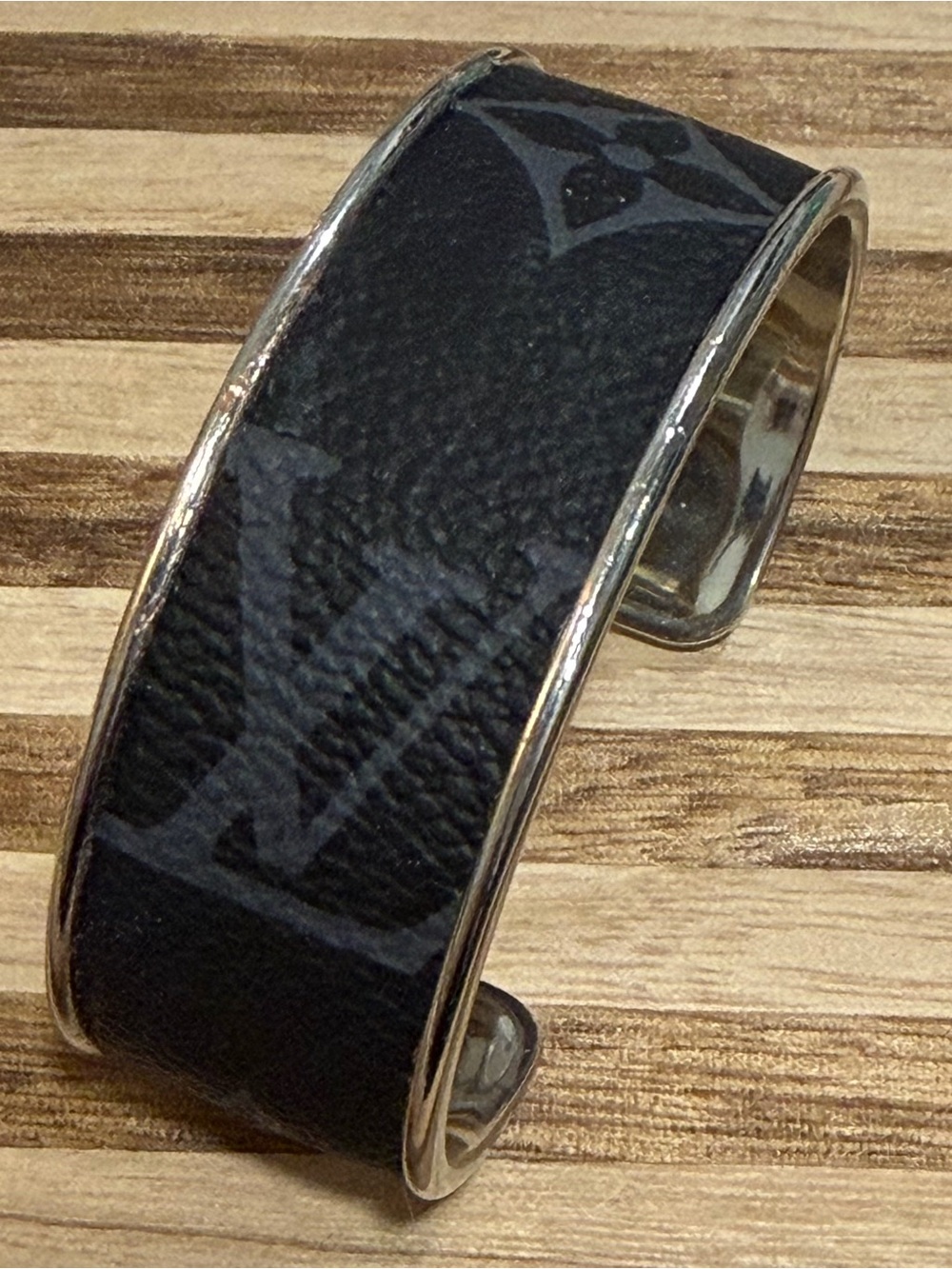 Black/ Gray Louis Vuitton Monogram Silver-Toned Cuff Bracelet Designer Jewelry